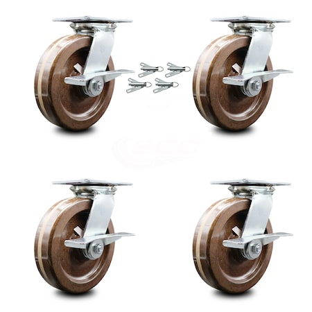 Service Caster 8 Inch High Temp Phenolic Caster Set with Roller Bearing and Brakes/Swivel Locks SCC-35S820-PHRHT-SLB-BSL-4